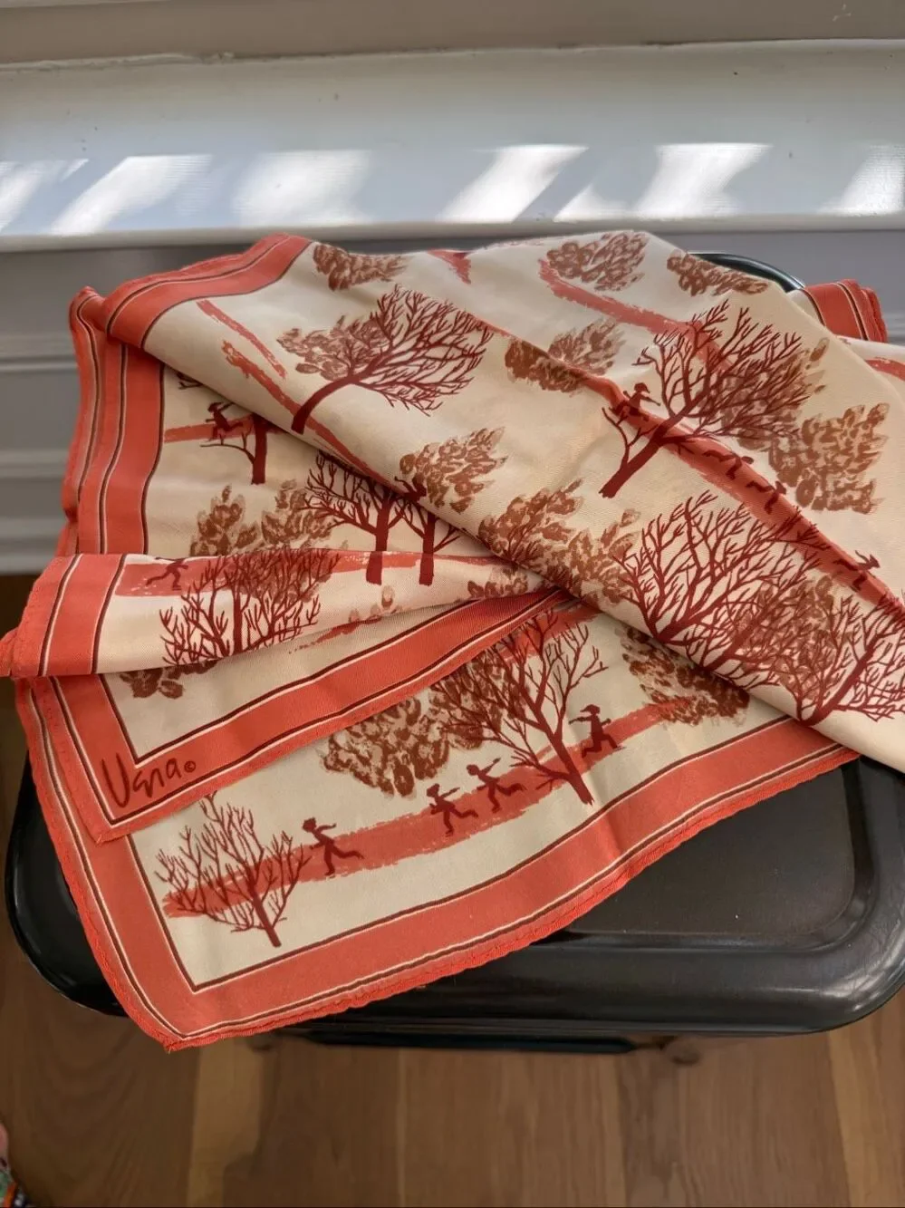 Vintage Vera Neumann Tree Playful Figure Silk Scarf Orange Brown 14” x 44”